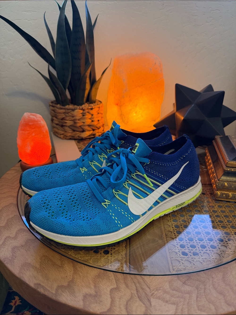 Nike Bright Blue and Lime Green Flyknit Running Shoes